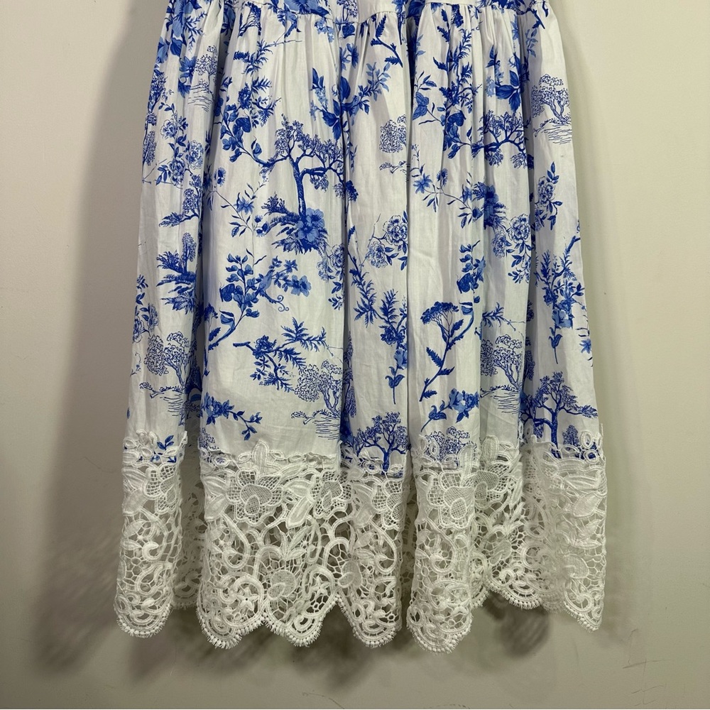 Aqua White Blue Delft Print Sleeveless Scoop Neck A-Line Cotton Midi Dress - Picture 3 of 7